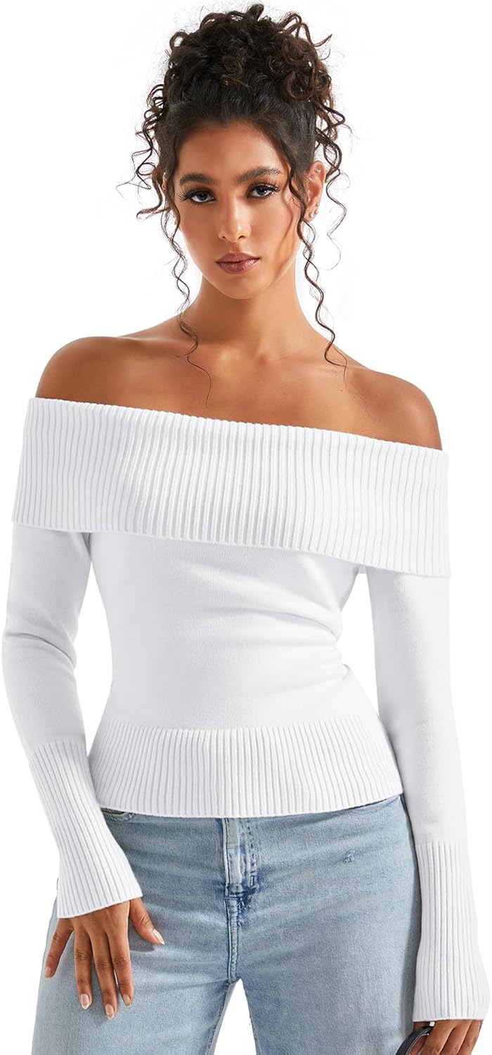 SUUKSESS Women Off Shoulder Sweaters Long Sleeve Ribbed Knit Going Out Fall Tops Blouse