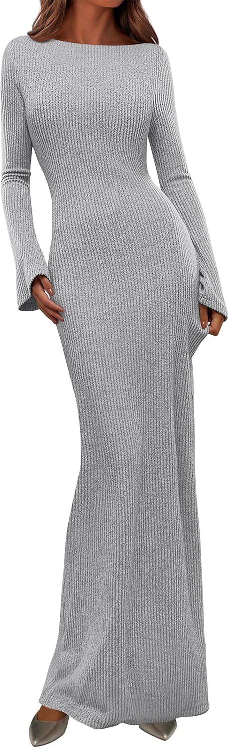 PRETTYGARDEN Women's Fall Fashion 2025 Long Sleeve Maxi Dress Ribbed Knit Boat Neck Bodycon Casual Dresses Going Out Outfits
