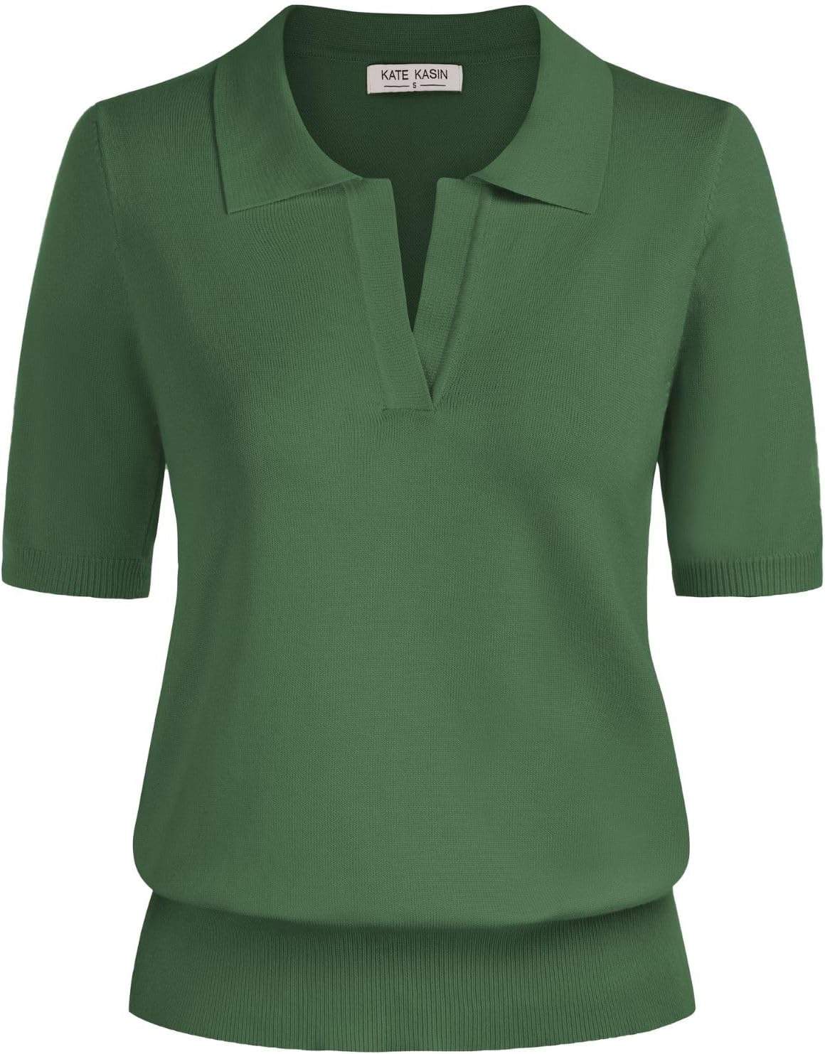 Kate Kasin Women Short Sleeve Polo Sweater V Neck Knitted Tops Casual Ribbed Shirt Loose Pullover Sweater