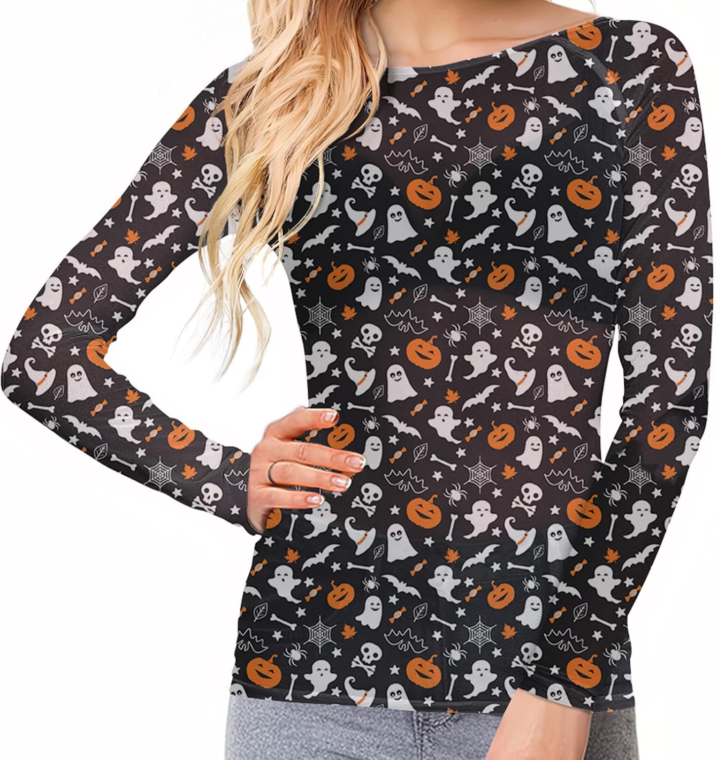 Buauty Mesh Long Sleeve Top for Women, Lace Sheer Tops See Through Mock Neck Floral Embroidery Sheer Blouce Fishnet Shirt