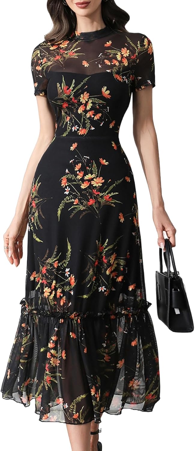 GothDark Women's Summer Floral Mesh Ruffle Dress Short Sleeve Round Neck Waist Cinched Casual Maxi Wedding Guest Dresses