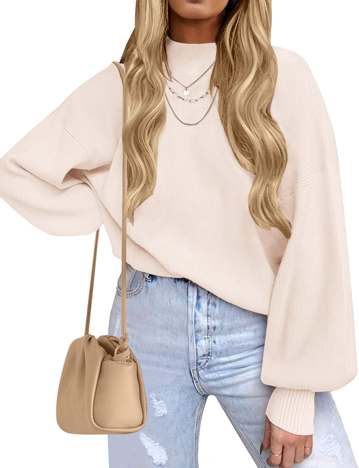 ZESICA Women's Casual Turtleneck Long Lantern Sleeve Fall 2025 Oversized Ribbed Knit Pullover Sweater Jumper Top