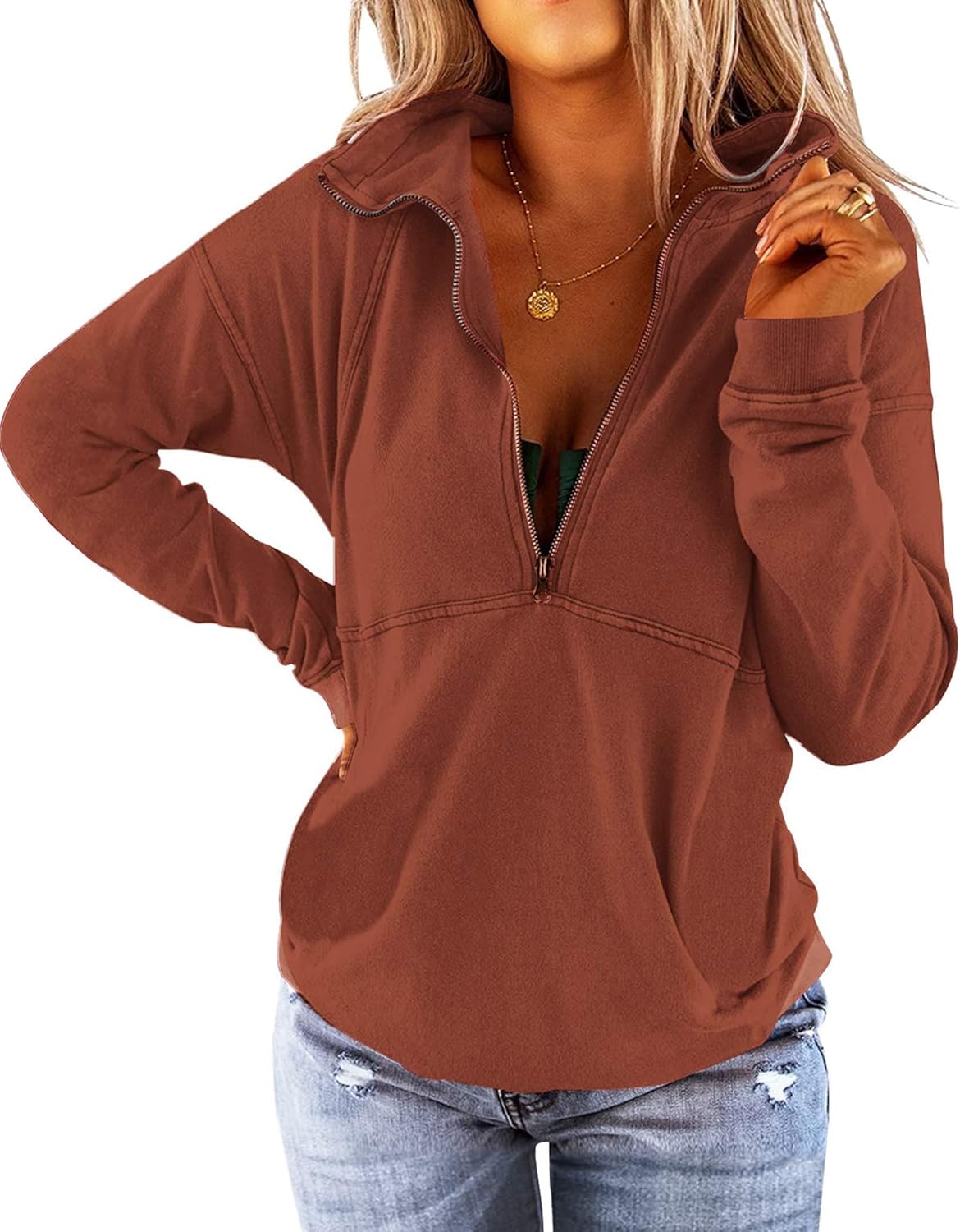 Floral Find Women's Long Sleeve Lapel Half Zip Up Sweatshirt Solid Stylish Loose Fit Casual Pullover Tops
