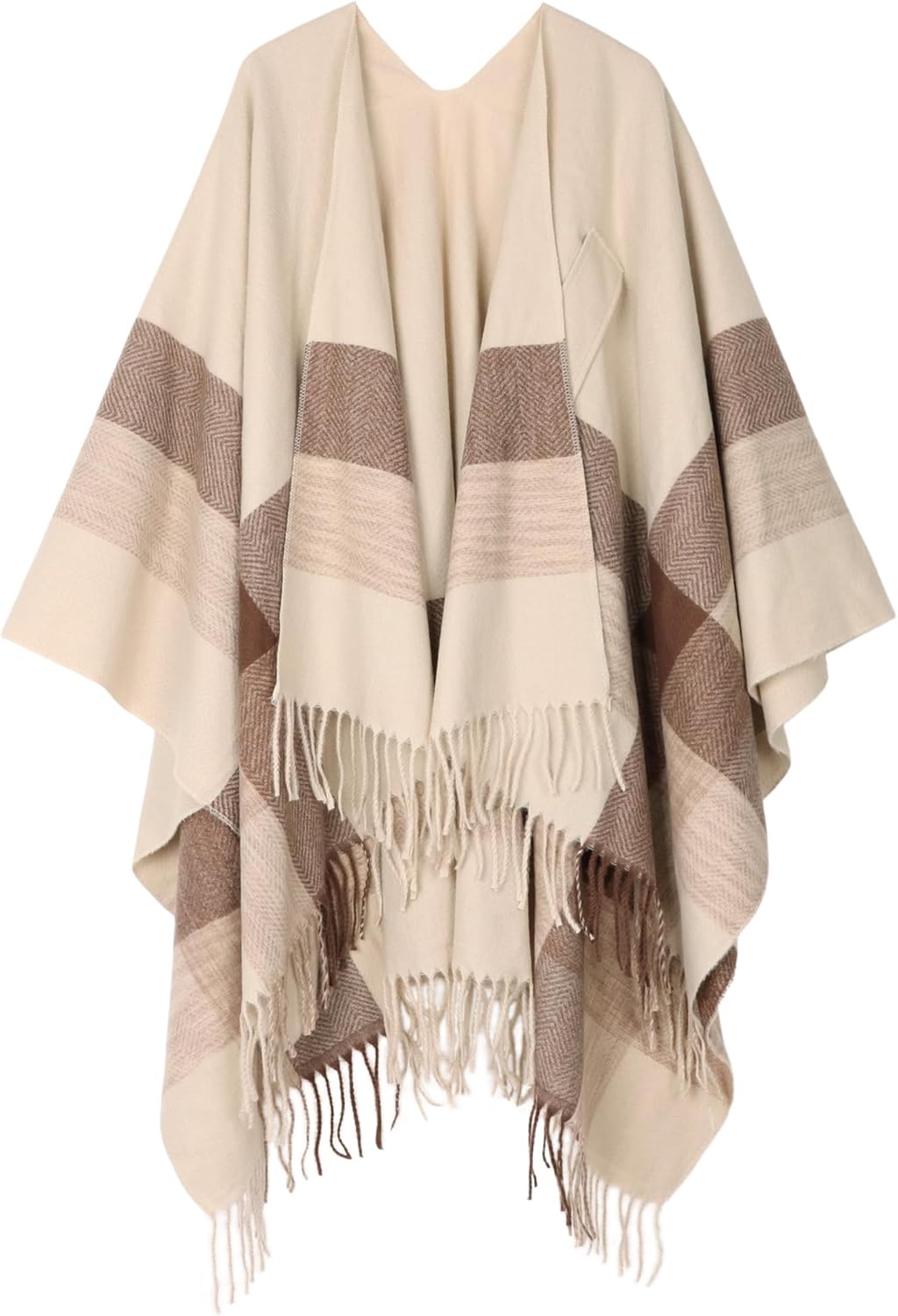 Bestshe Women's Boho Open Front Poncho Knitted Plaid Shawl Wrap Cape Tassel Cardigan Sweater