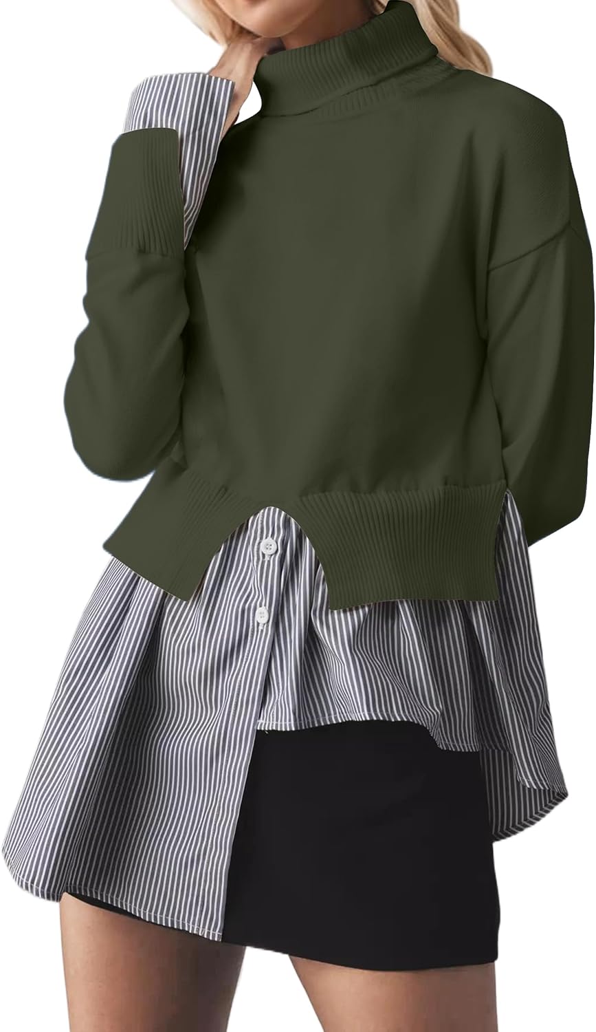 MISSACTIVER Women Slit Turtleneck Patchwork Sweater 2 in 1 Buttons Down Pullover Knit Sweater Asymmetrical Hem Shirt Top