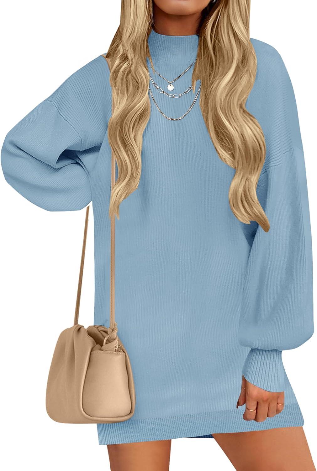 ZESICA Women's 2025 Fall Turtleneck Sweater Dress Oversized Long Lantern Sleeve Casual Knit Pullover Mini Dresses