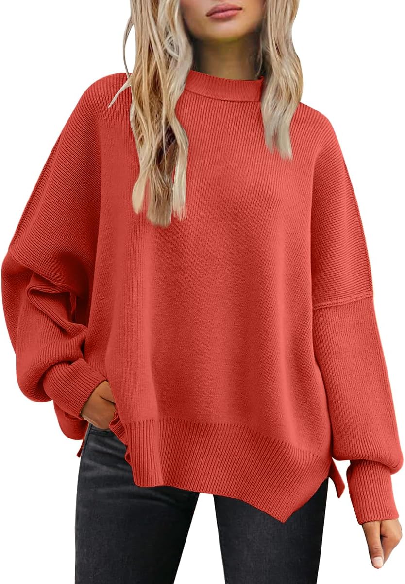 LILLUSORY Women's Oversized Batwing Sweaters 2025 Fall Outfits Trendy Crewneck Knit Side Slit Fashion Pullover Tops