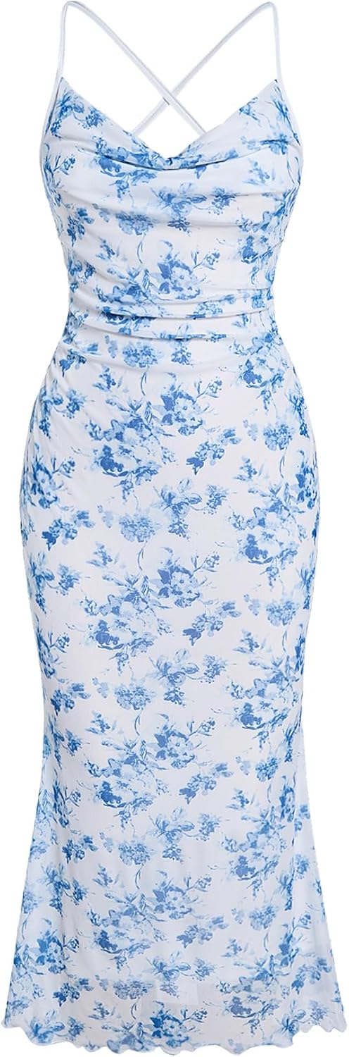 SOLY HUX Women's Floral Mesh Bodycon Cami Dress Cowl Neck Sleeveless Cocktail Party Wedding Guest Long Maxi Dresses