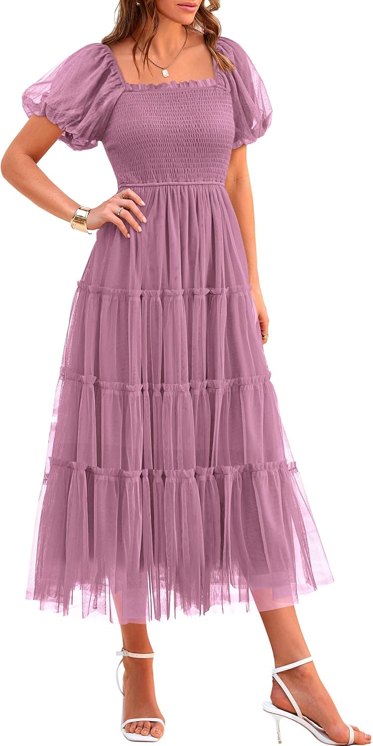 PRETTYGARDEN Women's Smocked Midi Tulle Dress 2025 Summer Puffy Short Sleeve Square Neck Ruffle Wedding Guest Party Dresses