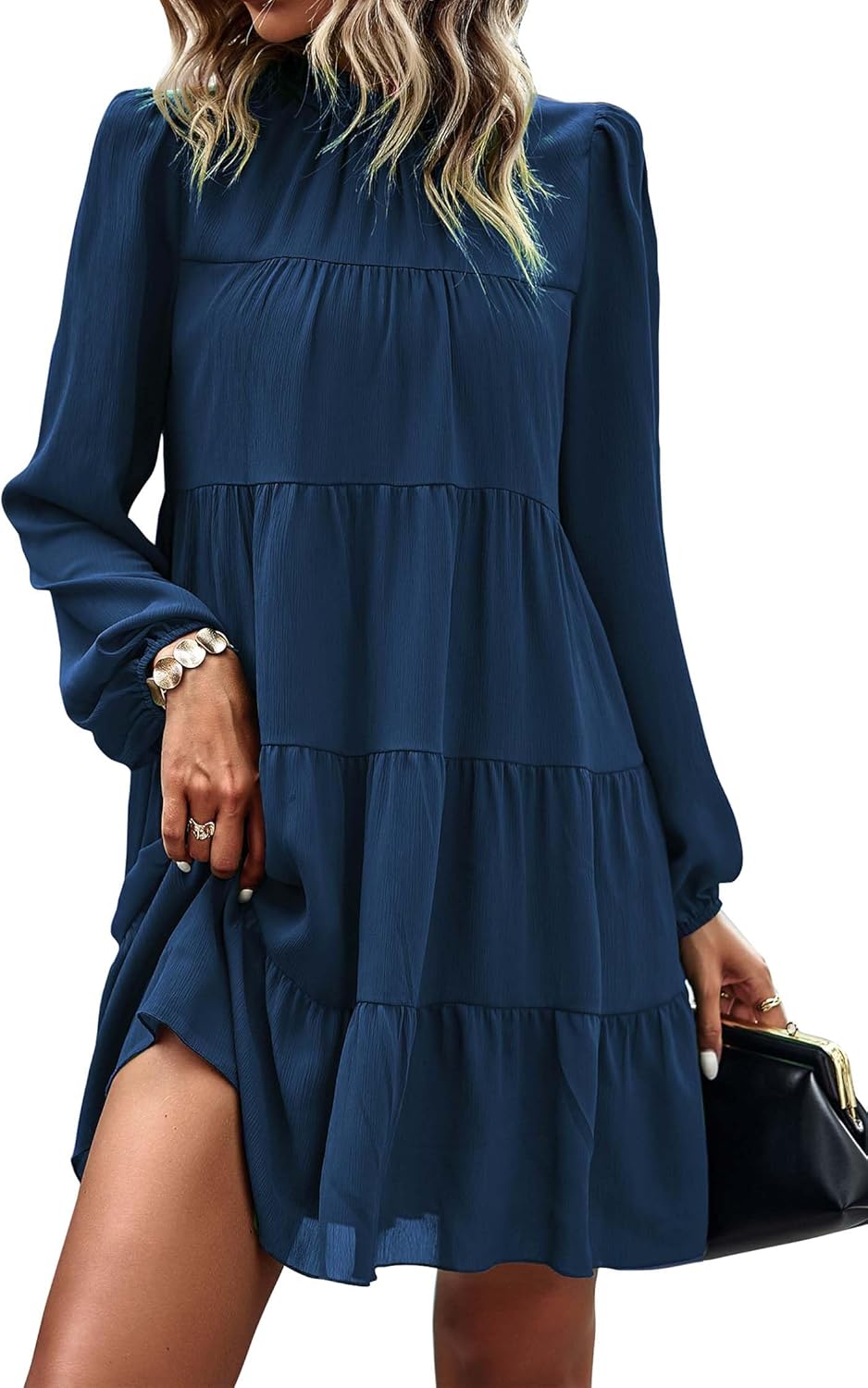 KIRUNDO Long Sleeve Baby Doll Dresses Women 2025 Casual Fall Winter Ruffle Mock Neck Tiered Mini Flowy Swing Shift Dress