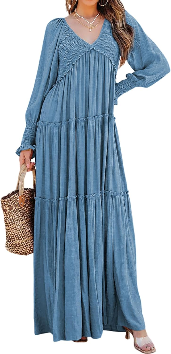 R.Vivimos Maxi Dress for Women Long Sleeve V Neck Empire Waist Layered Ruffle Boho Casual Flowy Long Dresses