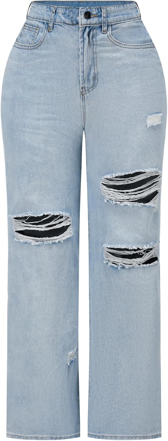 THUNDER STAR Womens High Waisted Wide Leg Jeans Stretchy Distressed Denim Pants