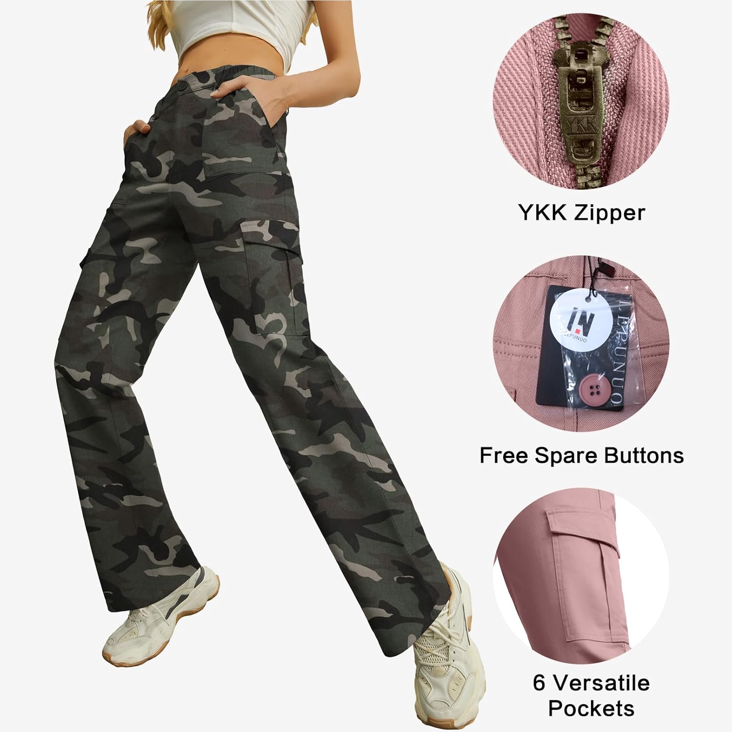 Lepunuo Cargo Pants for Women High Waisted Casual Pants Baggy Stretchy Wide Leg Y2K Streetwear with 6 Pockets
