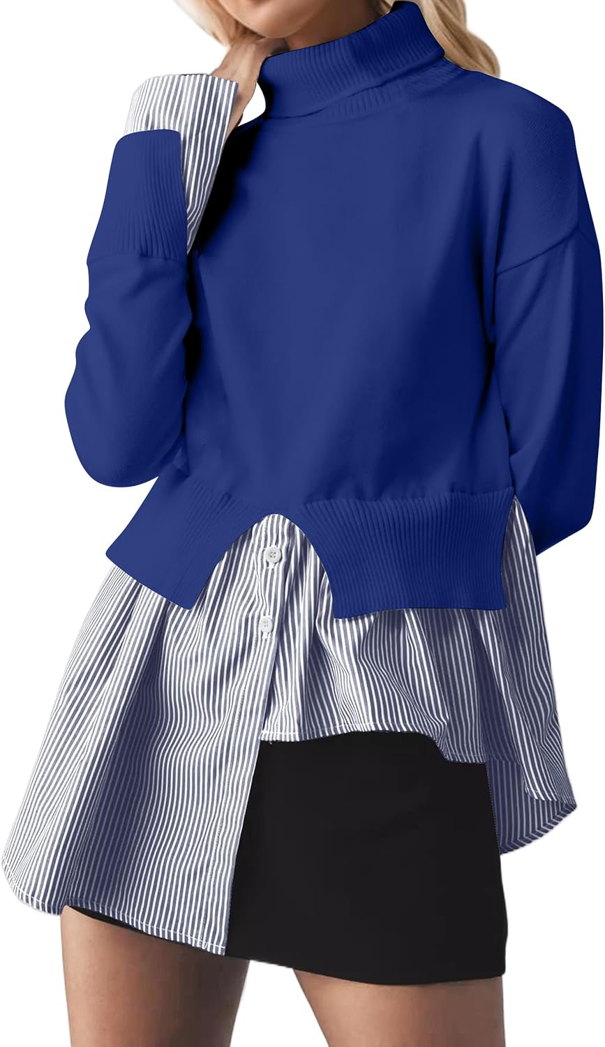 MISSACTIVER Women Slit Turtleneck Patchwork Sweater 2 in 1 Buttons Down Pullover Knit Sweater Asymmetrical Hem Shirt Top