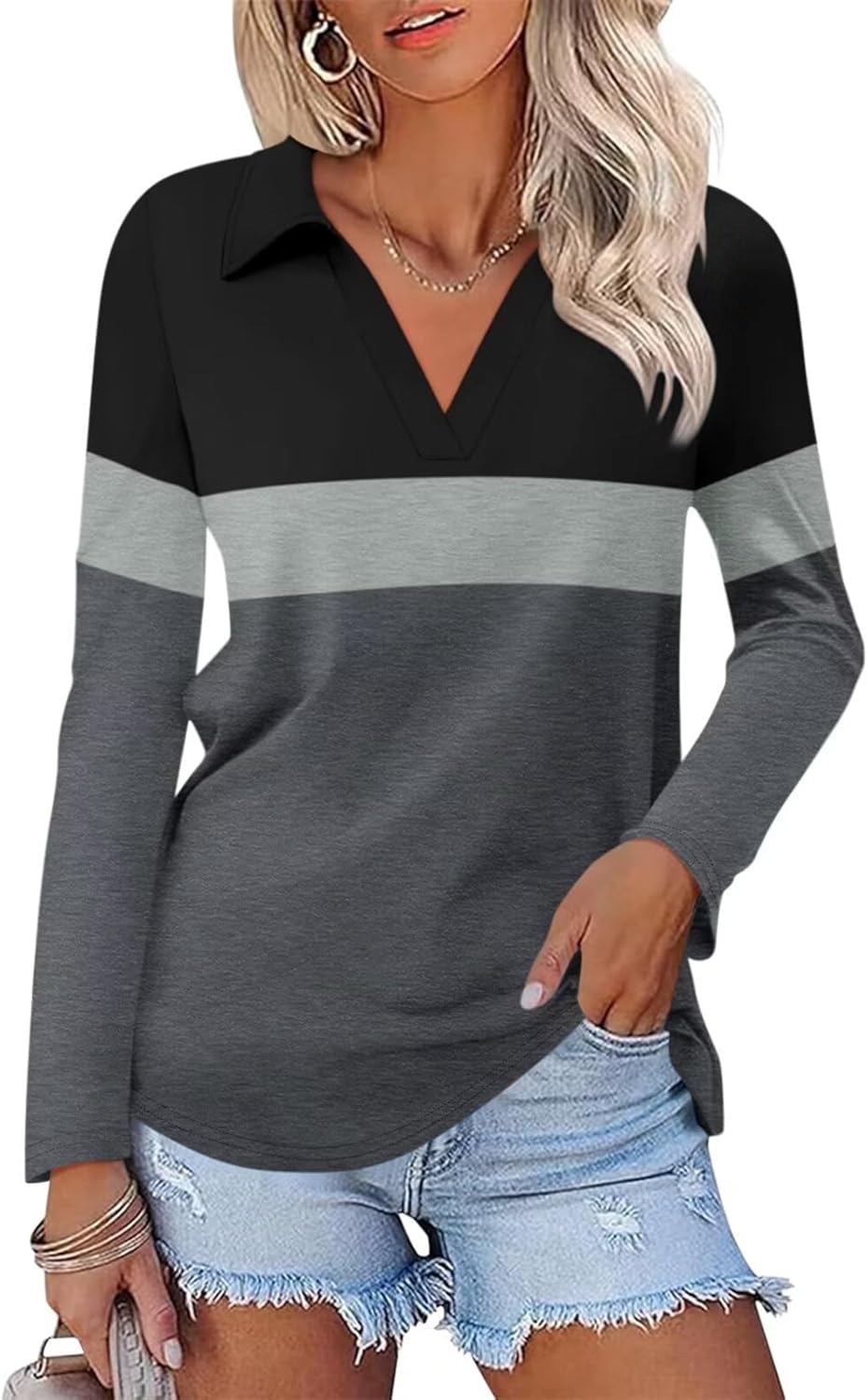 ORANDESIGNE Women's Long Sleeve Polo Shirts Casual Color Block V Neck Tops Fall Collar Ladies Tunics Tees