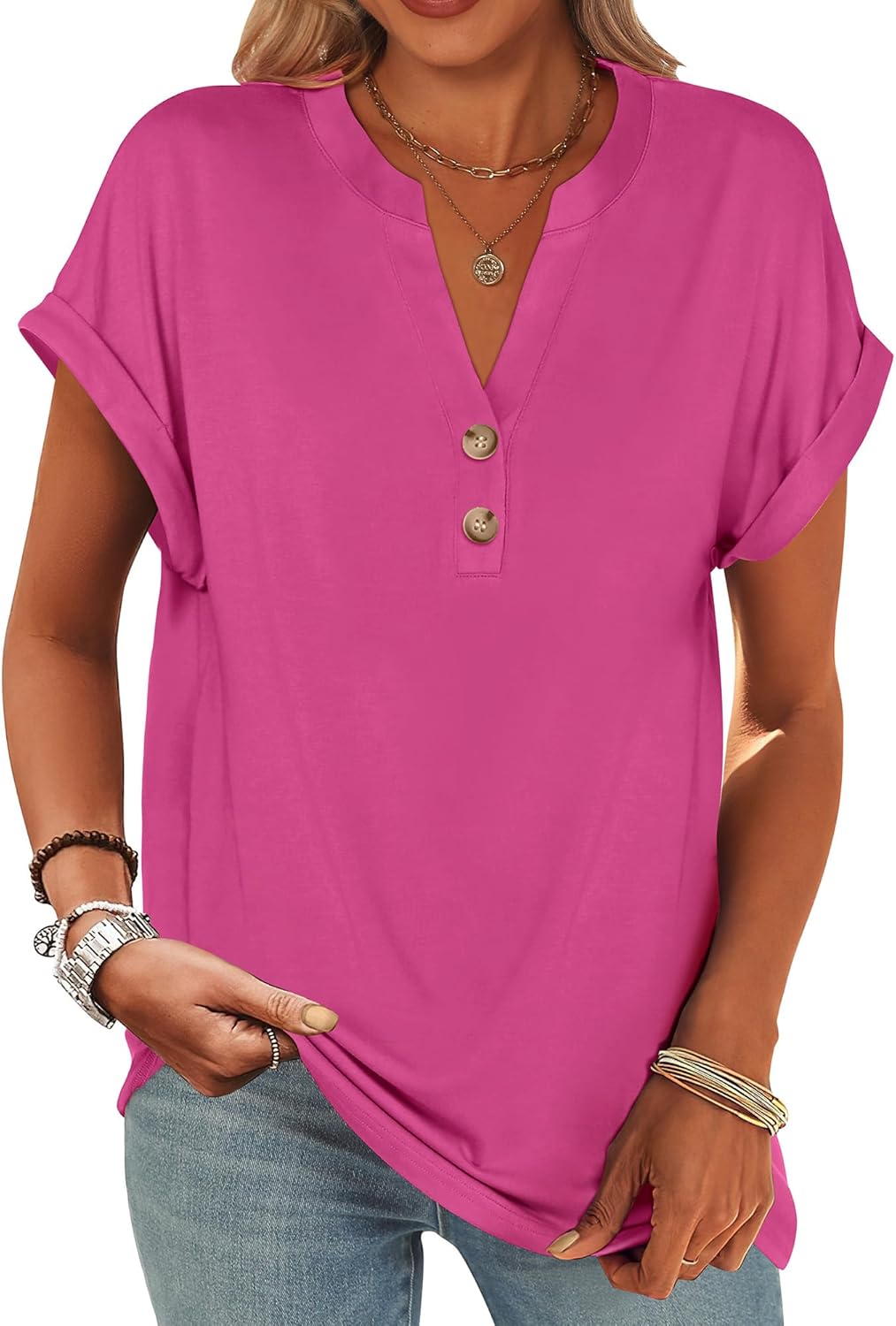 ANRABESS Womens Short Sleeve Henley Tops V Neck Dressy Casual Blouses Summer Trendy Tee Shirts 2025 Vacation Fashion Clothes