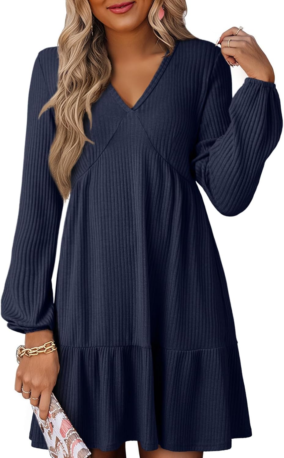 Dokotoo Fall Dresses for Women 2025 Long Sleeve V Neck Lightweight Ribbed Knit Empire Waist Casual A Line Swing Mini Dress