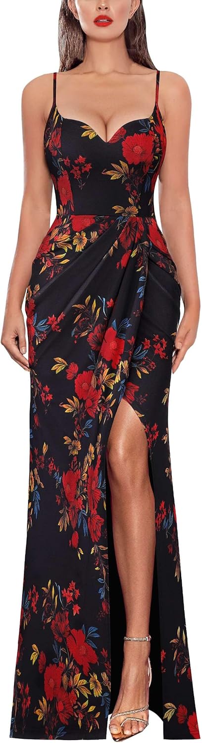 VFSHOW Womens Sexy Formal Ruched Fitted High Slit Bodycon Maxi Dress Spaghetti Strap Sweetheart Cocktail Prom Evening Gown