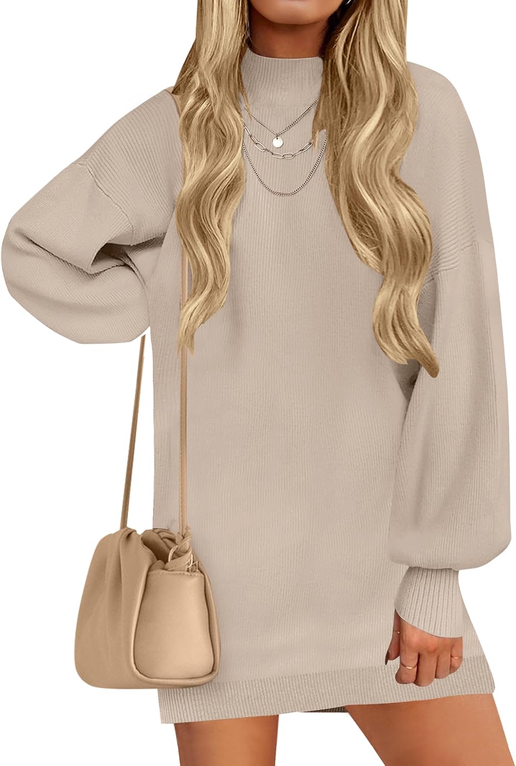 ZESICA Women's 2025 Fall Turtleneck Sweater Dress Oversized Long Lantern Sleeve Casual Knit Pullover Mini Dresses