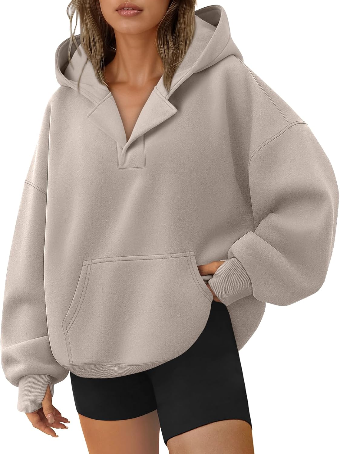 Trendy Queen Womens Oversized V Neck Hoodies with Thumb Hole Pullover Sweatshirts Y2k Clothes Fall Fashion Outfits 2025