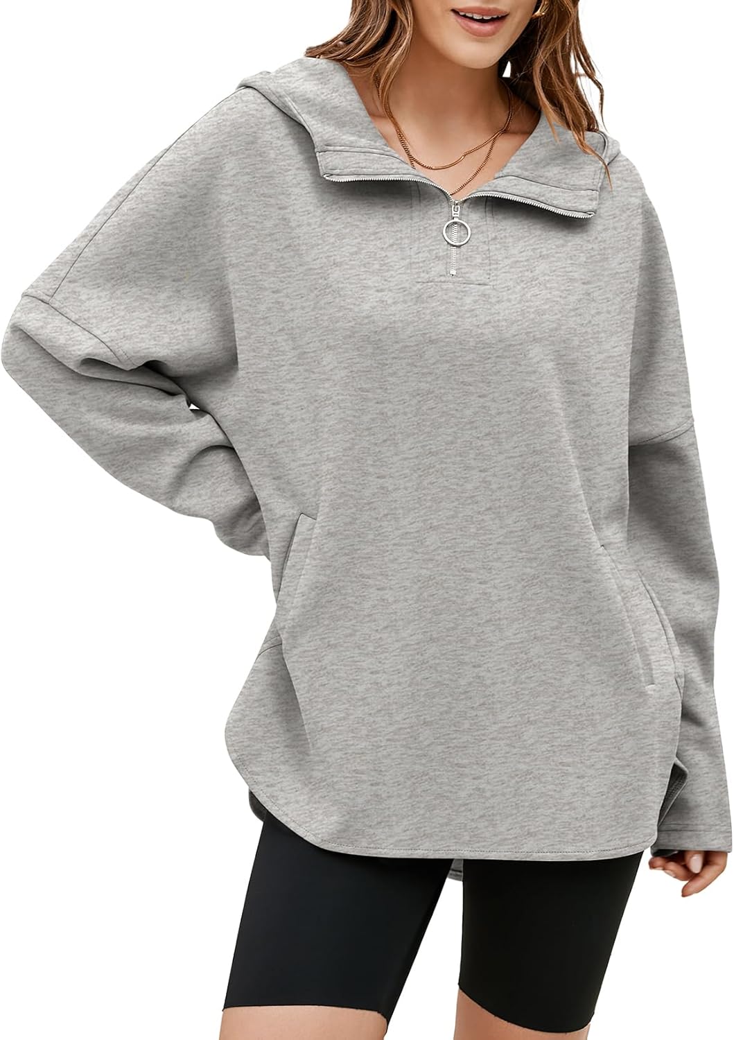 EVALESS Women's Oversized Hoodies Casual Long Sleeve Half Zipper Pocket Sweatshirt Pullover Tops