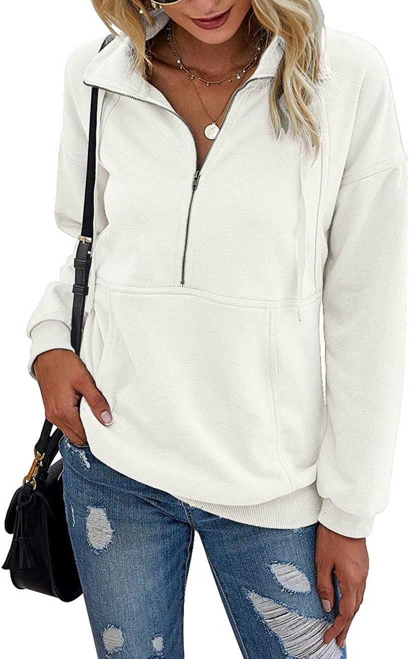 PRETTYGARDEN Women's Casual Long Sleeve Lapel Zipper Sweatshirt Drawstring Loose Pullover Tops