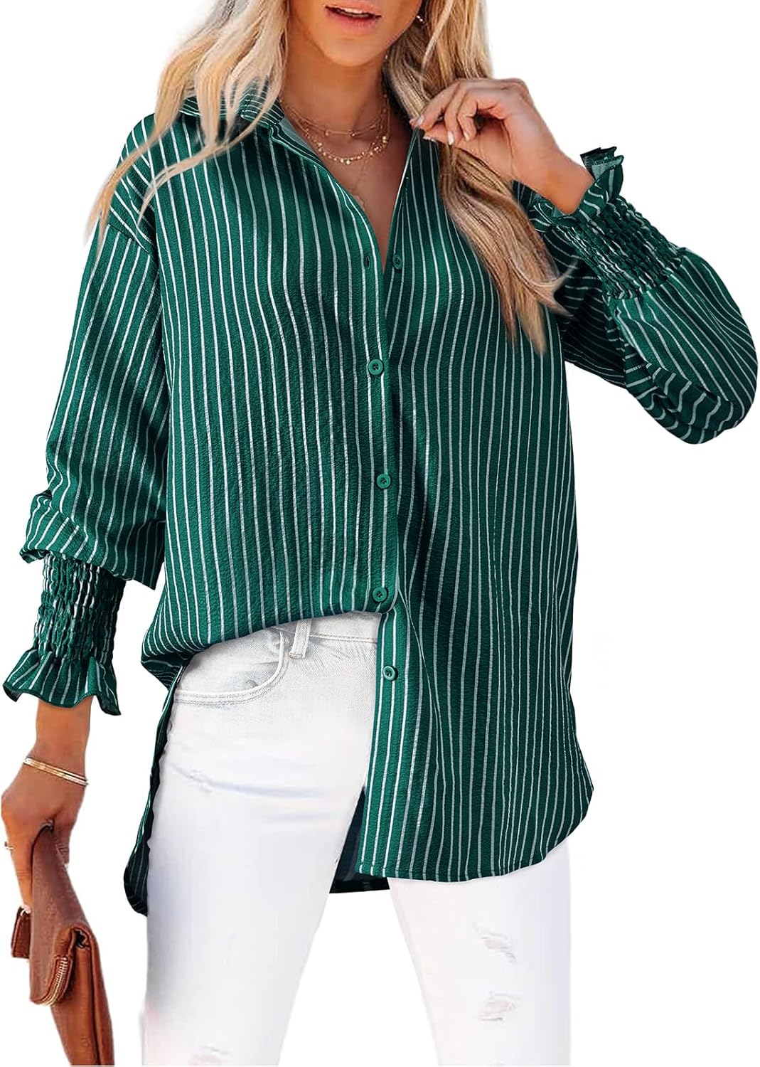 Women's Striped Button Down Shirts Long Sleeve Smocked Cuffed Oversized Boyfriend Blouses Collared Work No Pockets Tops