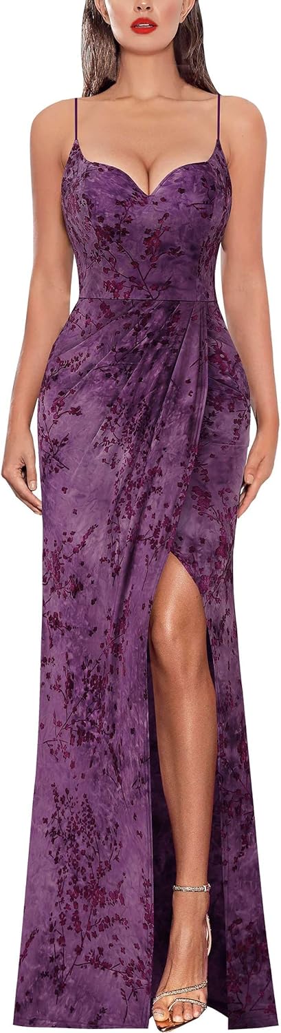 VFSHOW Womens Sexy Formal Ruched Fitted High Slit Bodycon Maxi Dress Spaghetti Strap Sweetheart Cocktail Prom Evening Gown