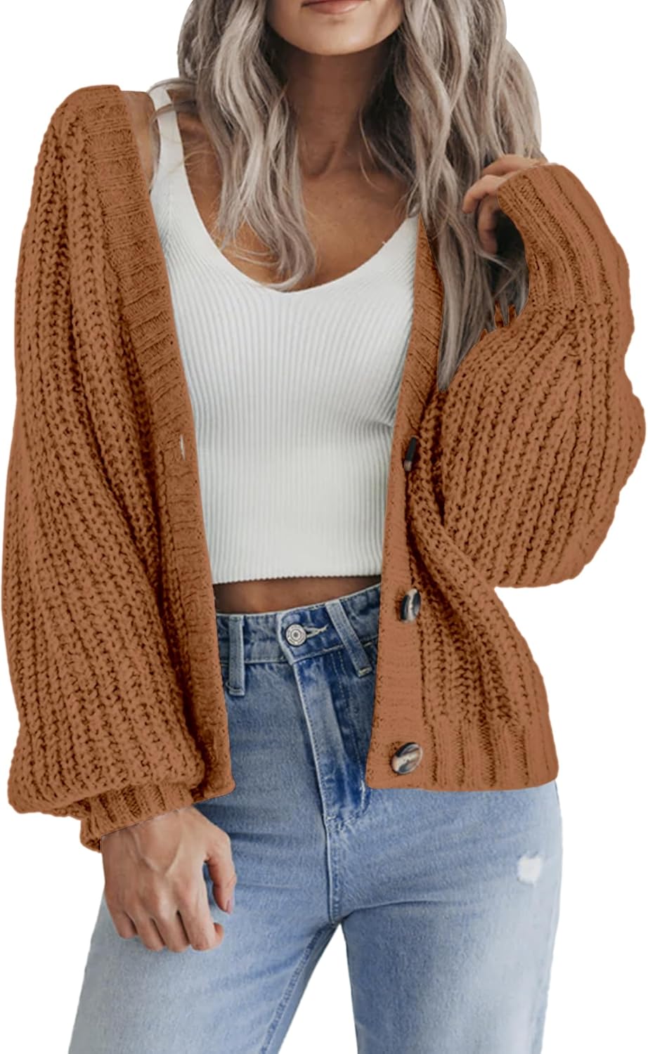 Zeagoo Women's 2025 Fall Chunky Knit Cardigans Open Front Long Sleeve V Neck Button Loose Cardigan Sweaters