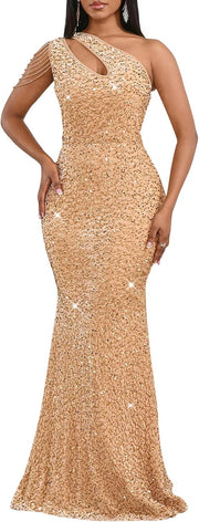 Cololura Women Sequin Elegant Sexy One Shoulder Tassel Mermaid Bodycon Cocktail Evening Dress