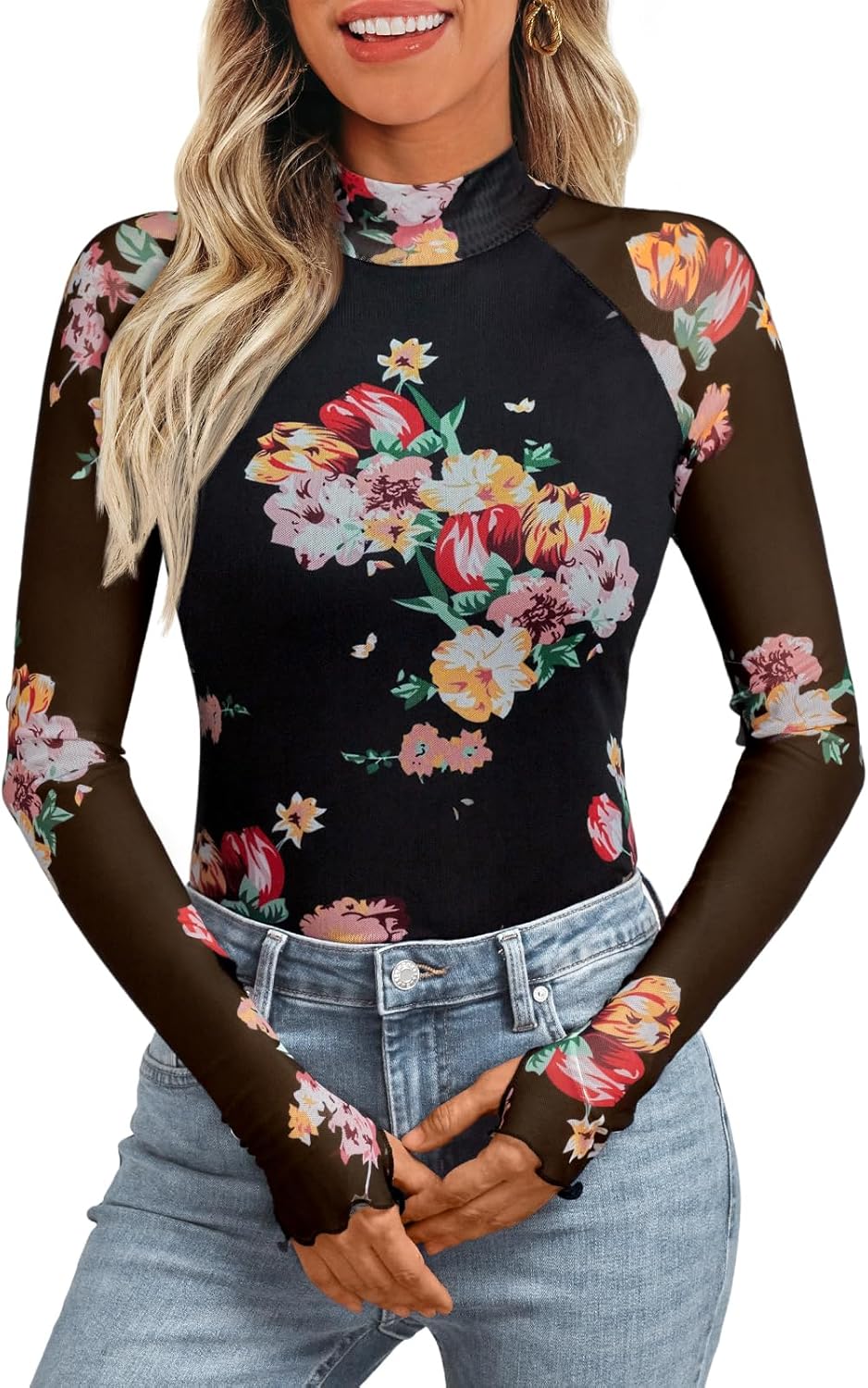 Dealmore Lace Sheer Long Sleeve Floral Mesh Mockneck Trendy Cute Going Out Tops for Women Fall Fashion Outfits 2025 Clothes