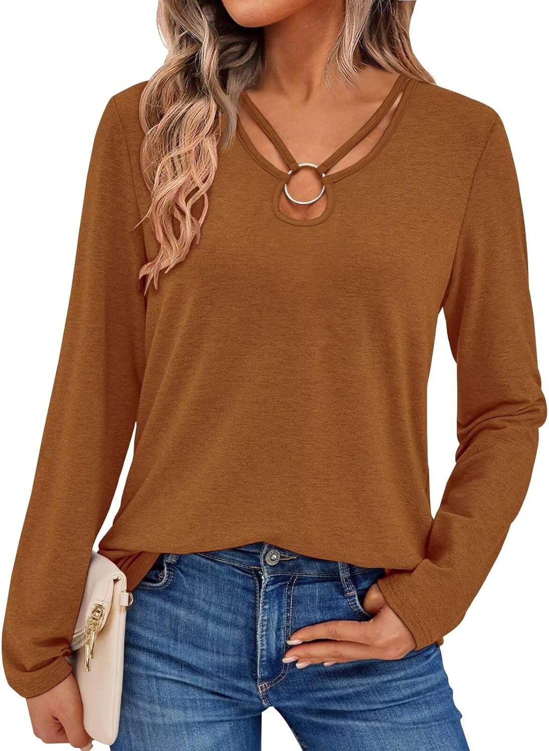 Women's Long Sleeve Tops Keyhole Neck Detail Crew Neck Shirts Ring Cut Out Design Stretchy Tees 2025