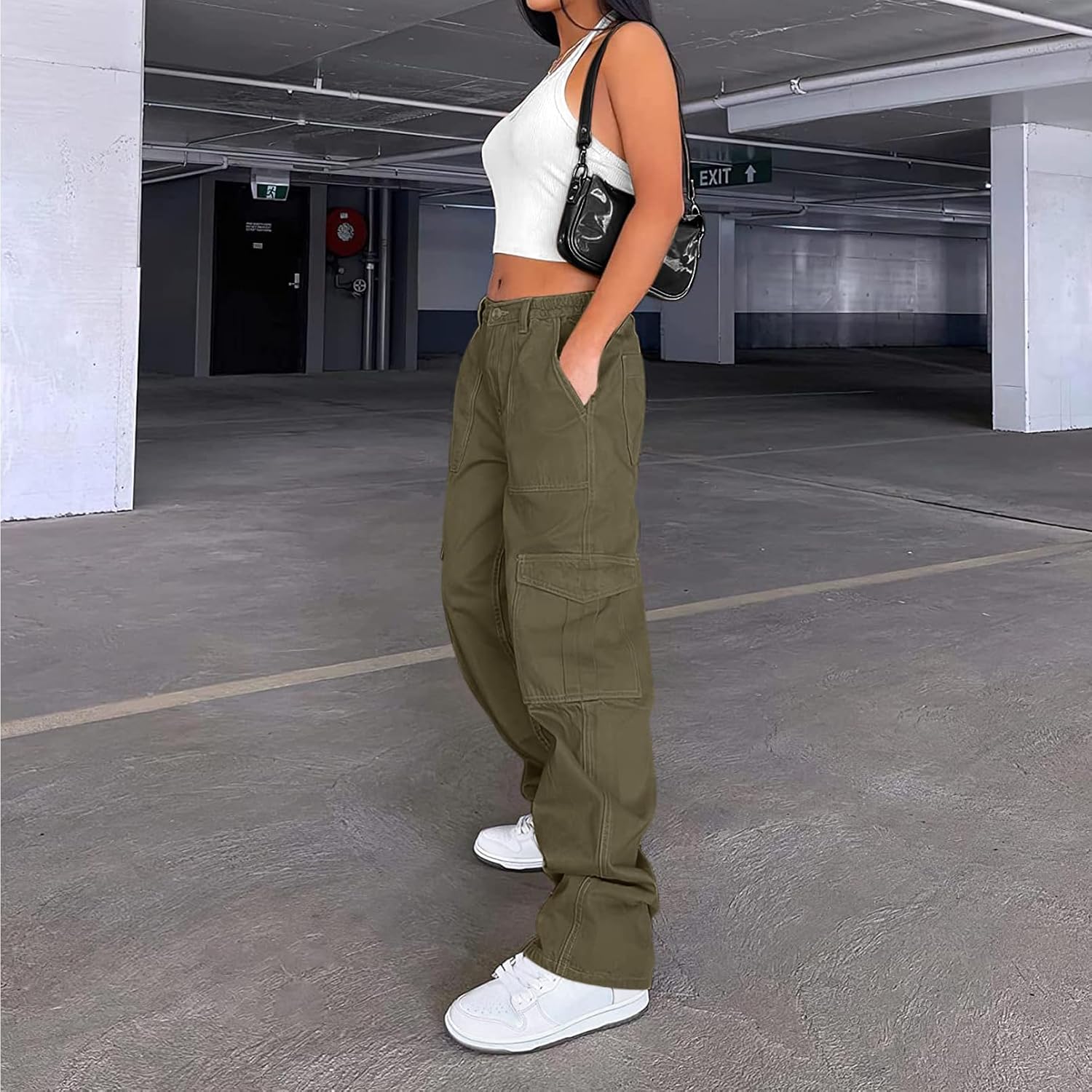 Lepunuo Cargo Pants for Women High Waisted Casual Pants Baggy Stretchy Wide Leg Y2K Streetwear with 6 Pockets
