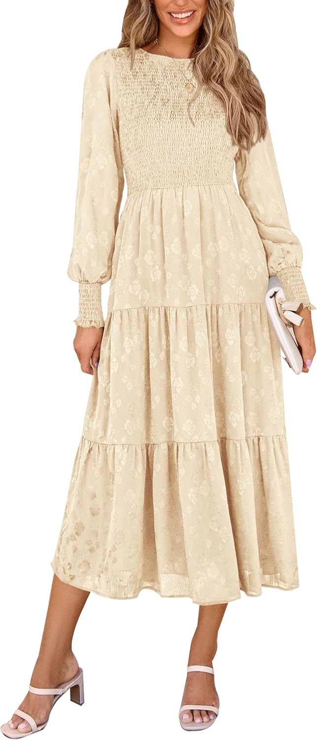 PRETTYGARDEN Women's Fall Spring Midi Dress Long Sleeve Floral Smocked Elegant Wedding Guest Long Flowy Dresses with Pockets