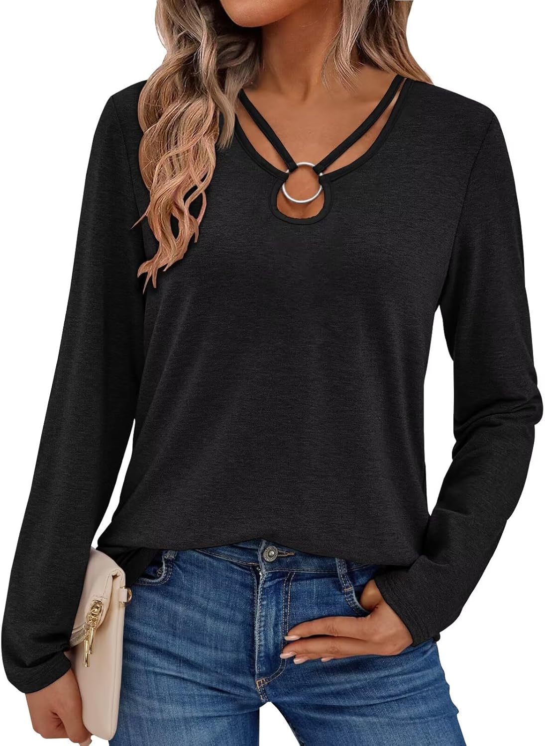 Women's Long Sleeve Tops Keyhole Neck Detail Crew Neck Shirts Ring Cut Out Design Stretchy Tees 2025