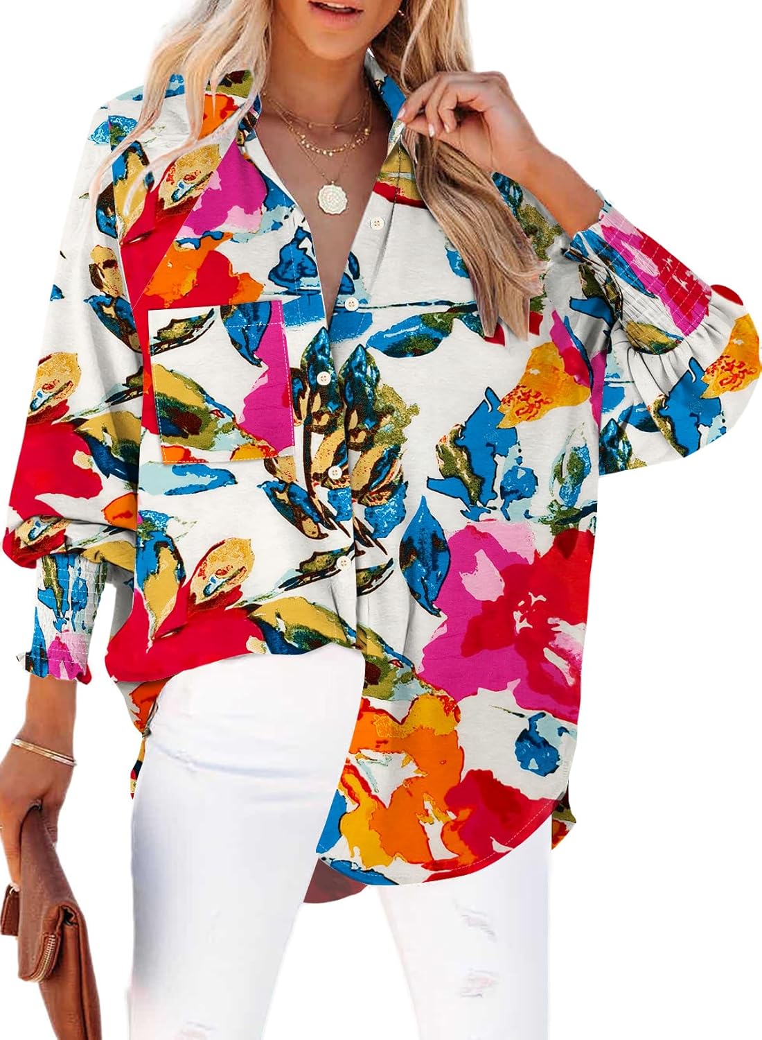 Womens Smocked Cuffed Striped Boyfriend Shirt Casual Collar Long Sleeve Oversized Button Down Blouse Tops with Pocket Shirred