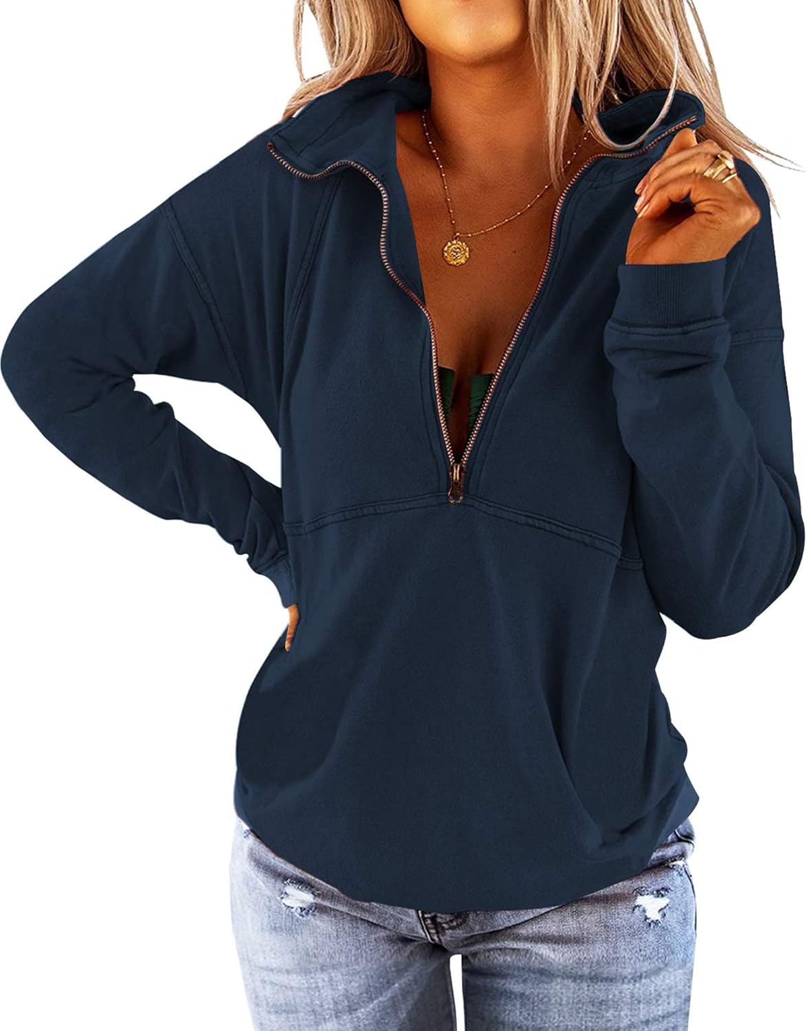 Floral Find Women's Long Sleeve Lapel Half Zip Up Sweatshirt Solid Stylish Loose Fit Casual Pullover Tops