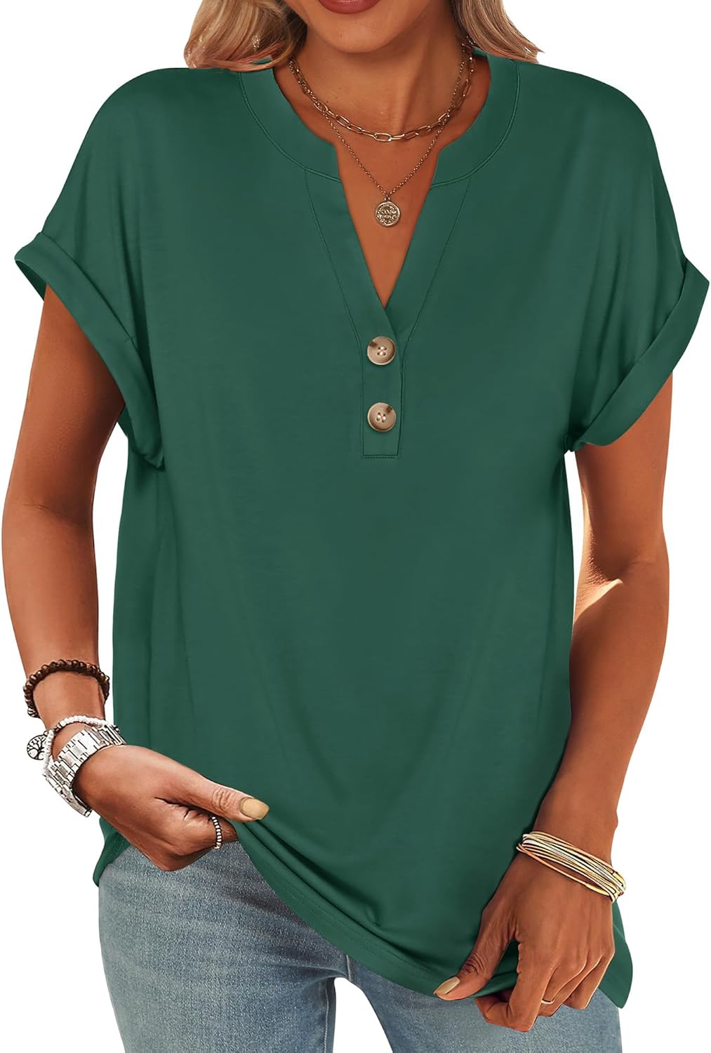 ANRABESS Womens Short Sleeve Henley Tops V Neck Dressy Casual Blouses Summer Trendy Tee Shirts 2025 Vacation Fashion Clothes