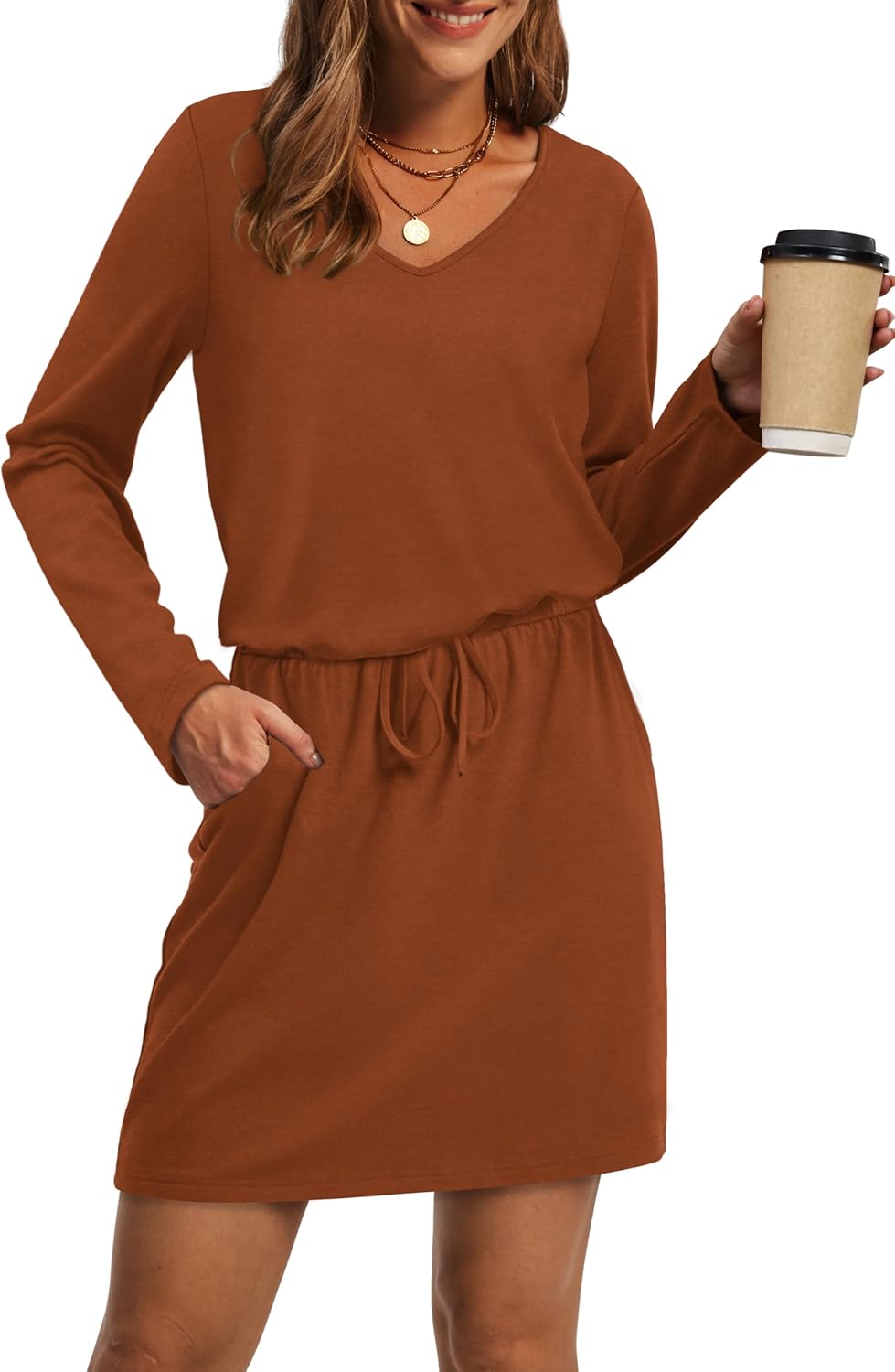 OFEEFAN Fall Dresses for Women 2025 Loose V Neck Long Sleeve T Shirts Casual Sundresses Tie Front A-Line Dresses