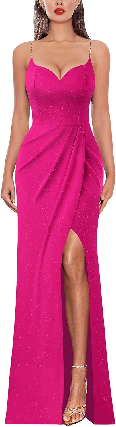 VFSHOW Womens Sexy Formal Ruched Fitted High Slit Bodycon Maxi Dress Spaghetti Strap Sweetheart Cocktail Prom Evening Gown