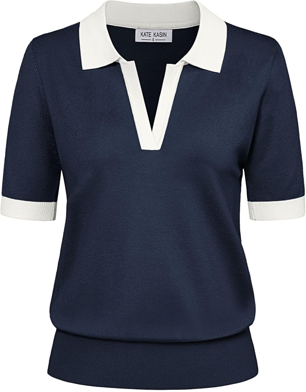 Kate Kasin Women Short Sleeve Polo Sweater V Neck Knitted Tops Casual Ribbed Shirt Loose Pullover Sweater