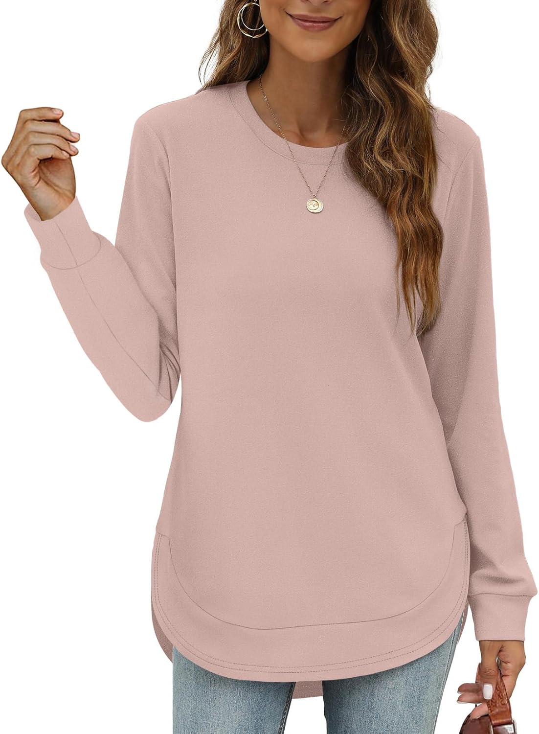 OFEEFAN Womens Sweatshirt Crewneck Long Sleeve Shirts High Low Tops Curved Hem