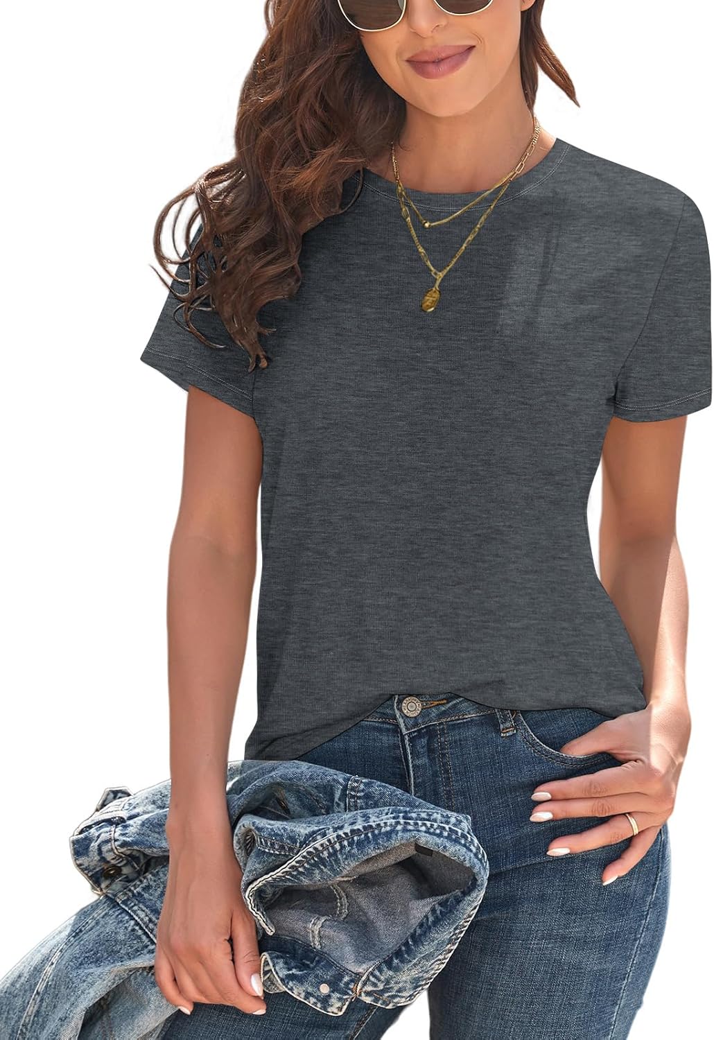 KevaMolly Basic T Shirts for Women UPF 50+ Short Sleeve Casual Summer Tops Trendy Solid Loose Fit Tshirt