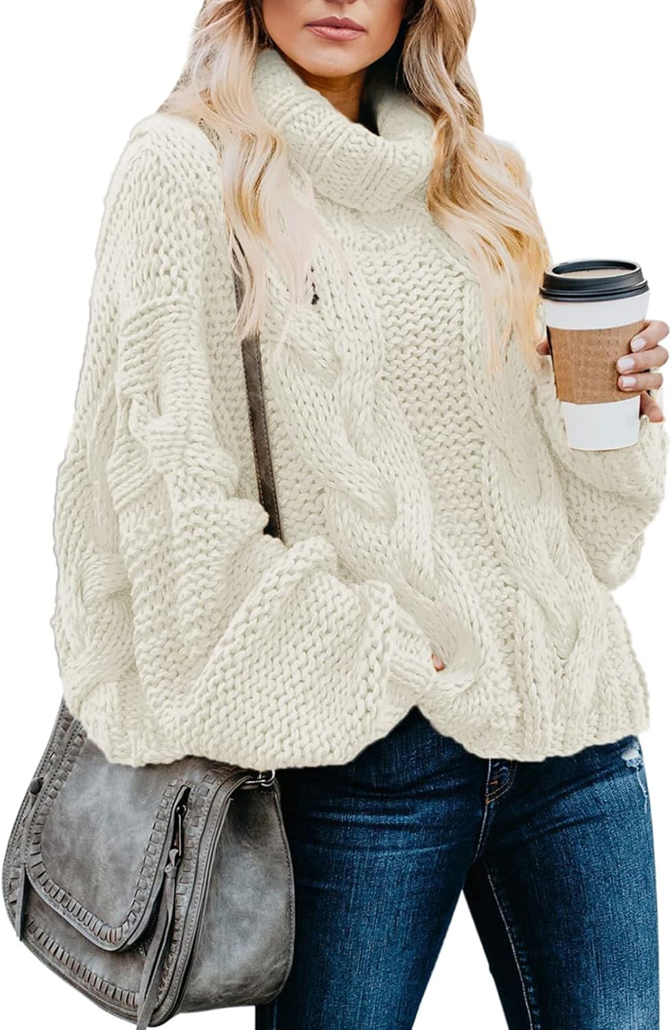 Dokotoo Womens 2025 Winter Fall Solid Turtleneck High Neck Balloon Long Sleeve Sweaters Pullover Outerwear