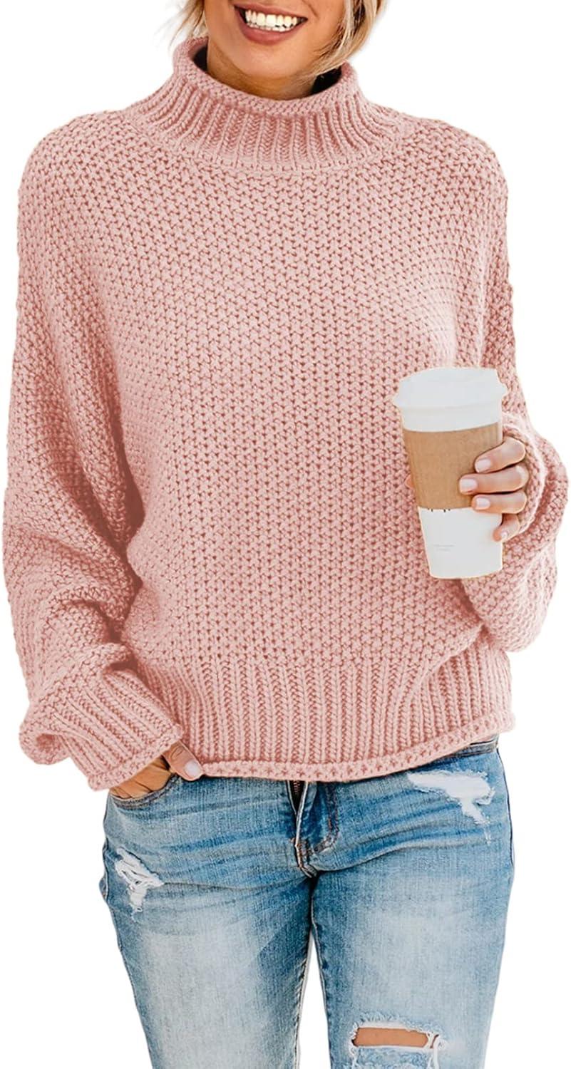 Dokotoo Womens 2025 Winter Fall Solid Turtleneck High Neck Balloon Long Sleeve Sweaters Pullover Outerwear