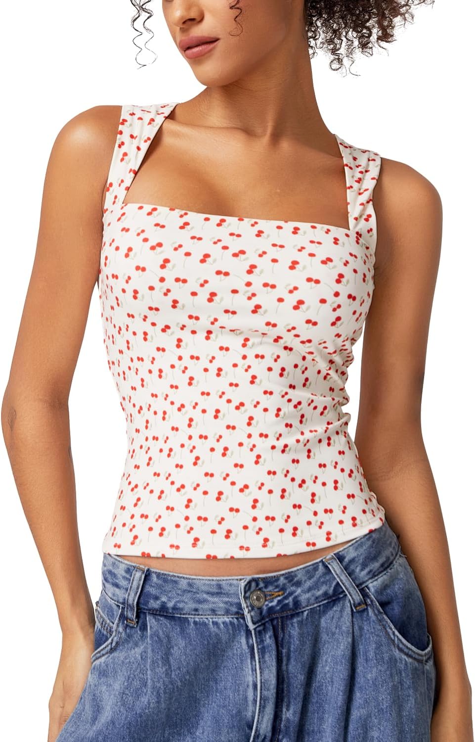 QINSEN Women's Square Neck Sleeveless Double-Layer Tank Tops Basic Tight T Shirts