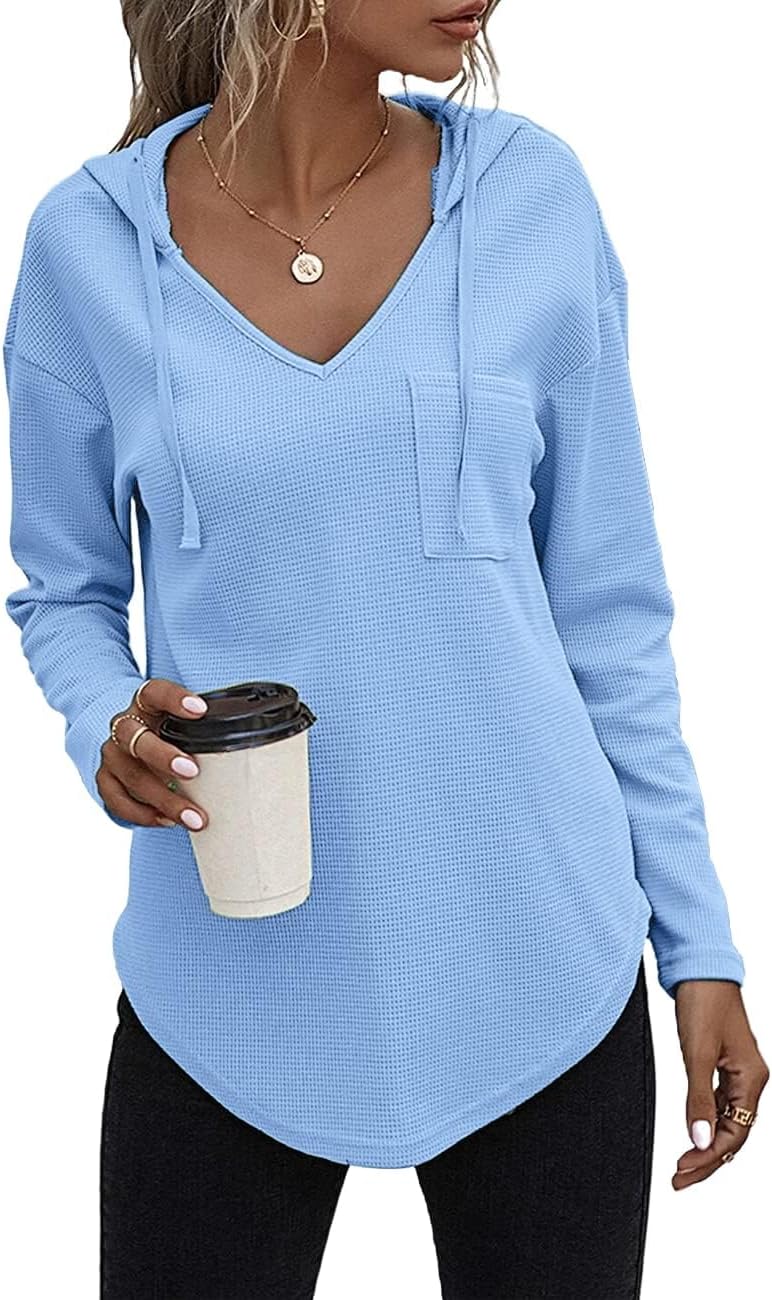 Women's V Neck Hoodies Long Sleeve Sweatshirt Drawstring Pullover Tops with Pocket