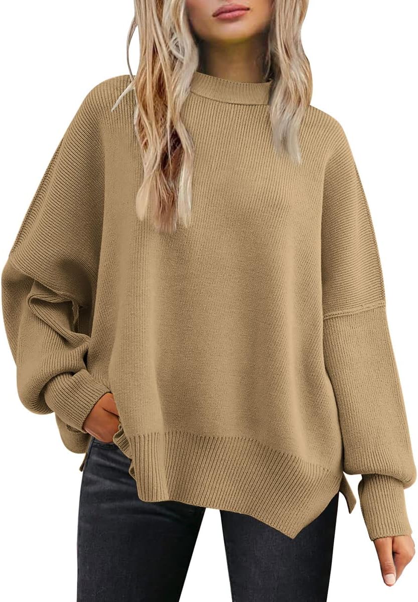 LILLUSORY Women's Oversized Batwing Sweaters 2025 Fall Outfits Trendy Crewneck Knit Side Slit Fashion Pullover Tops