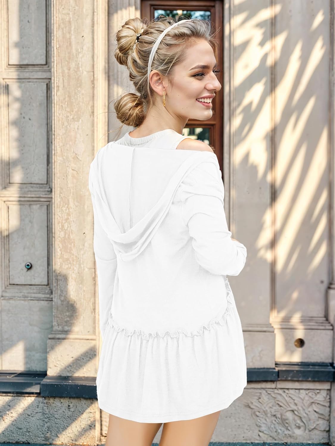 DEESHA Full Zip Up Hoodie for Women Pleated Tiered Ruffle Hooded Sweatshirts Jacket Coat Long Sleeve(Black, X-Large)