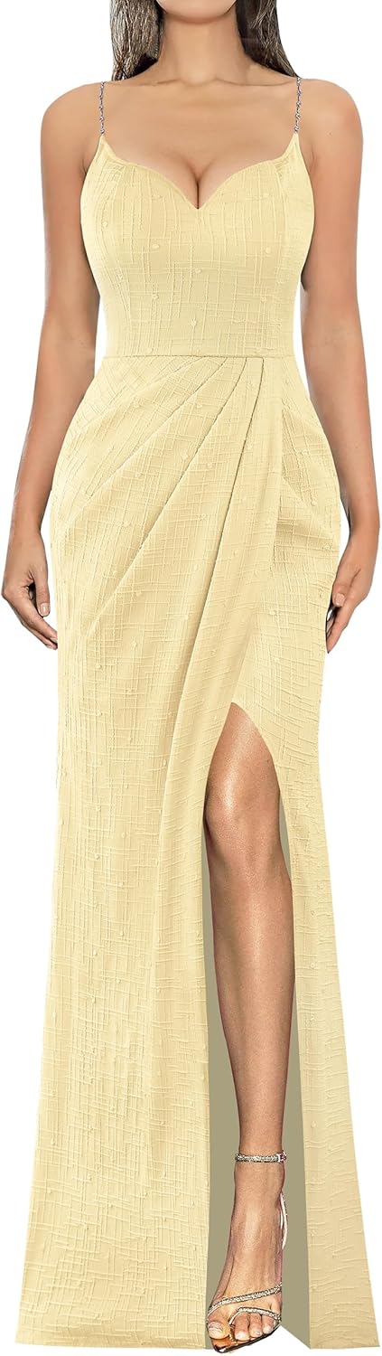 VFSHOW Womens Sexy Formal Ruched Fitted High Slit Bodycon Maxi Dress Spaghetti Strap Sweetheart Cocktail Prom Evening Gown